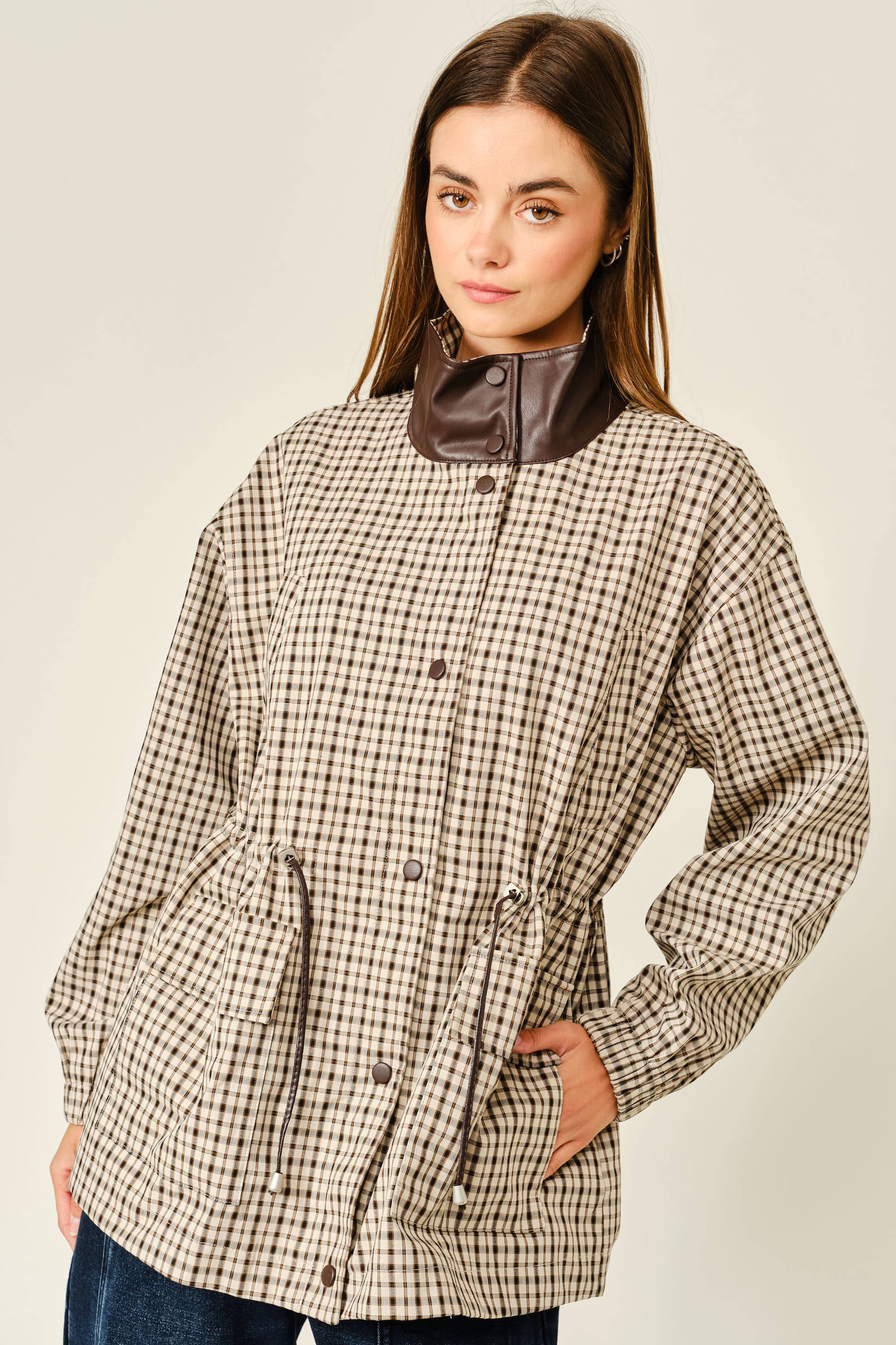The Rainn Plaid Faux Leather Mock Neck Jacket