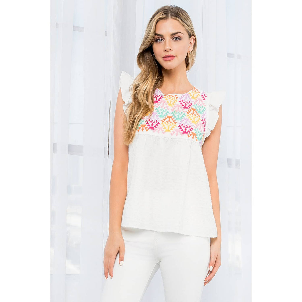 The Leah Embroidered Textured Top with Ruffles