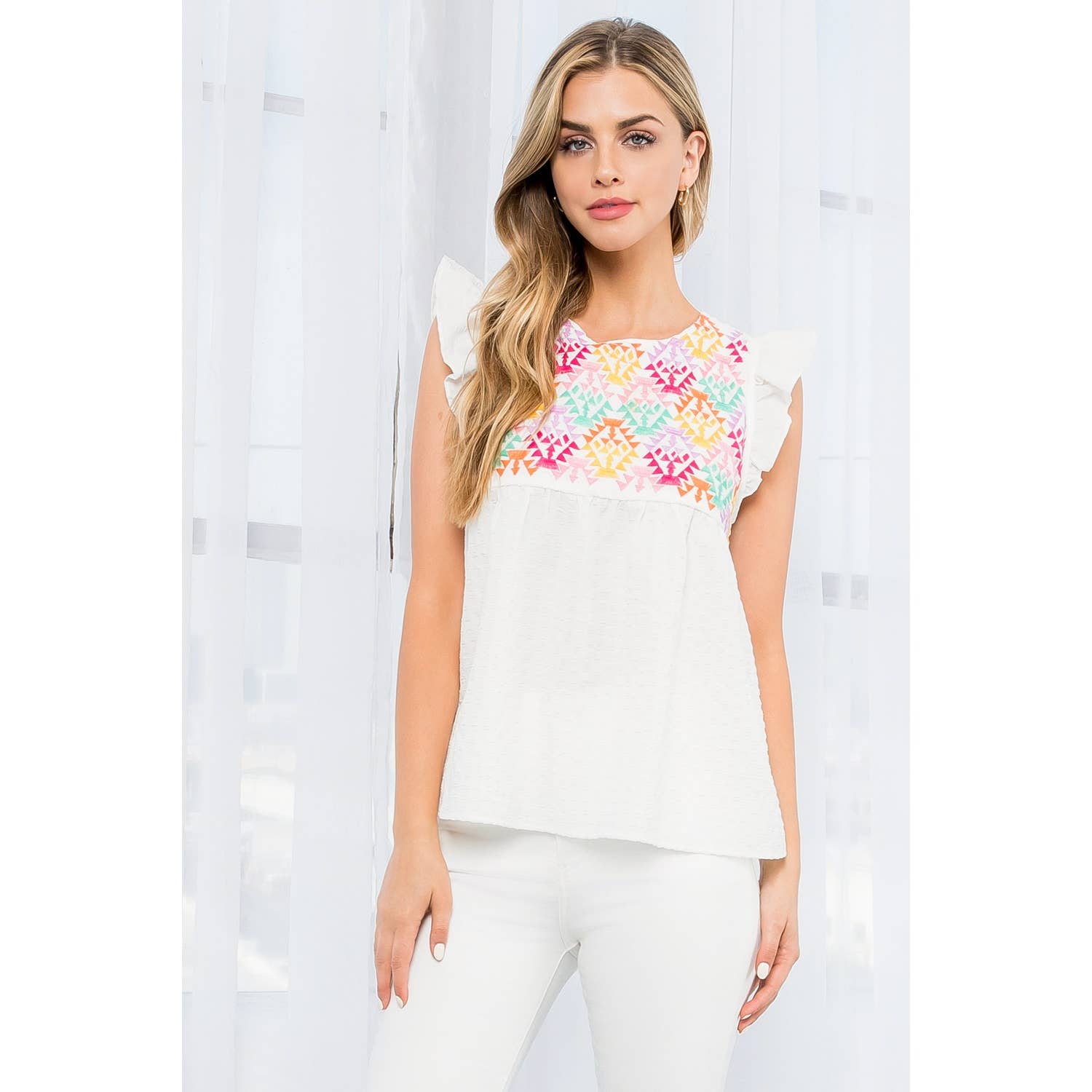 The Leah Embroidered Textured Top with Ruffles