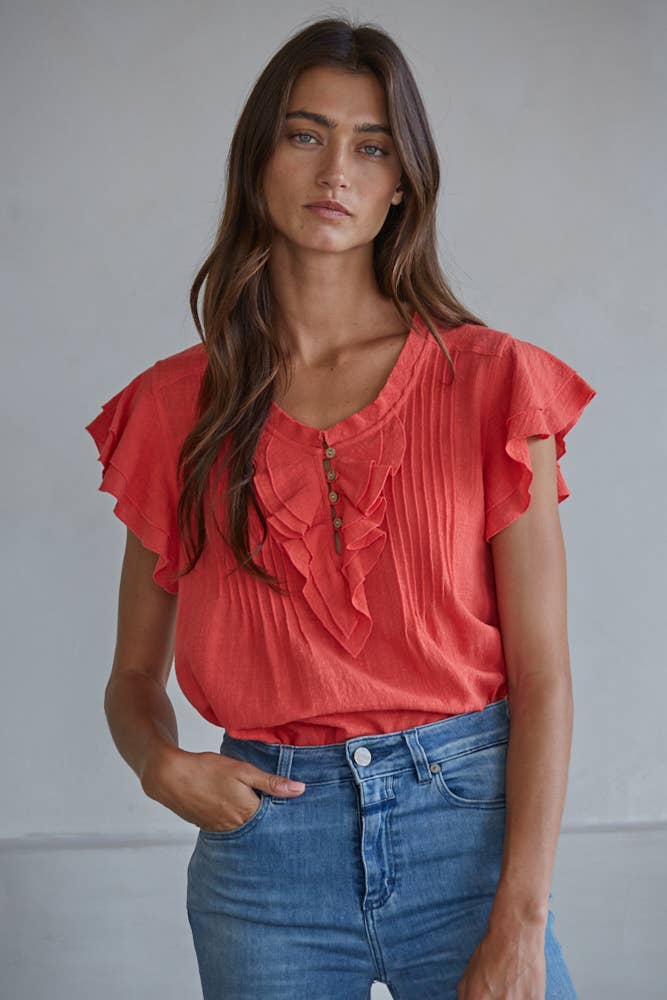 Annabelle Woven Button V-Neck SS Top