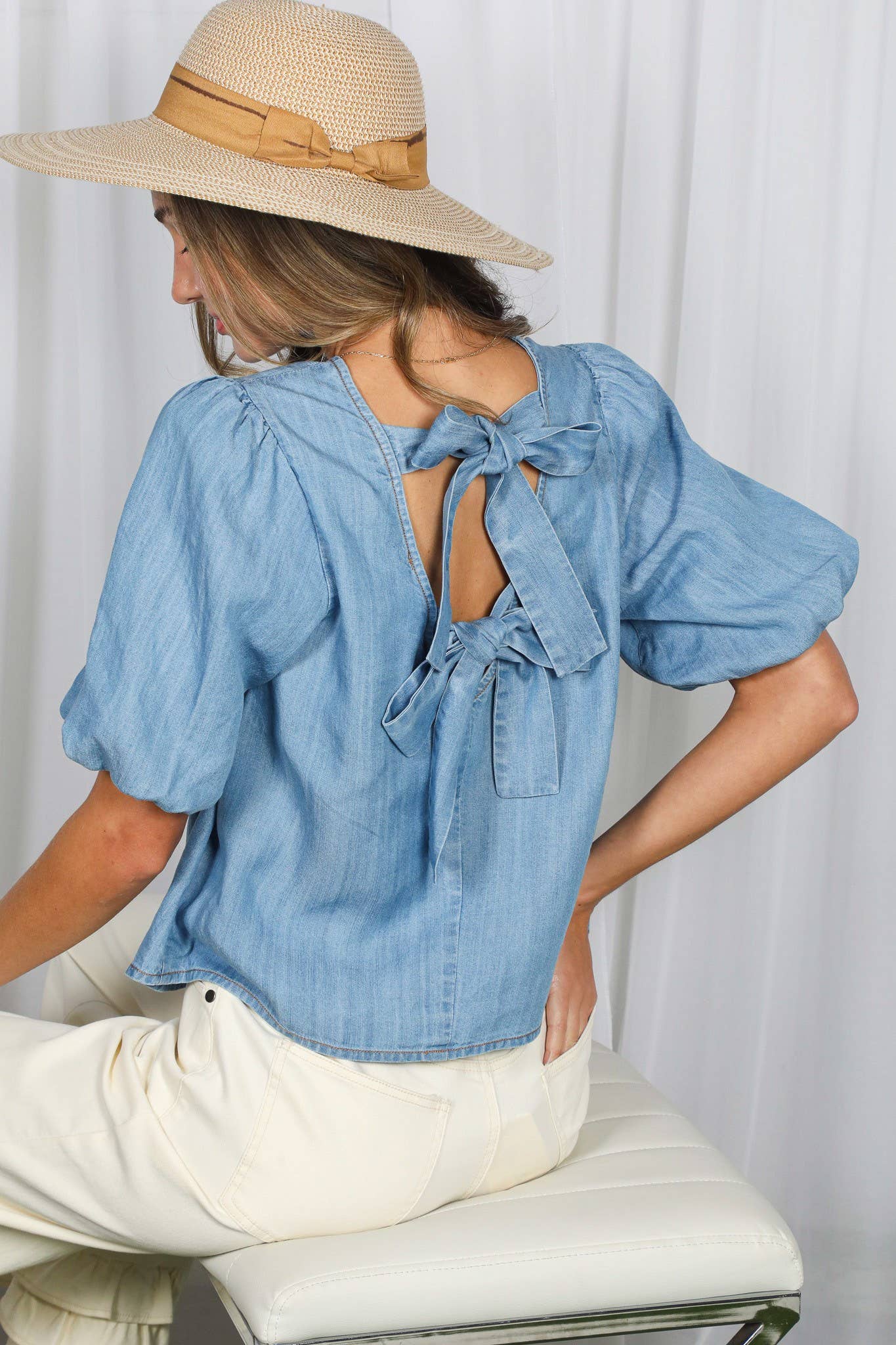 The Jess Bow Back Accent Chambray Top