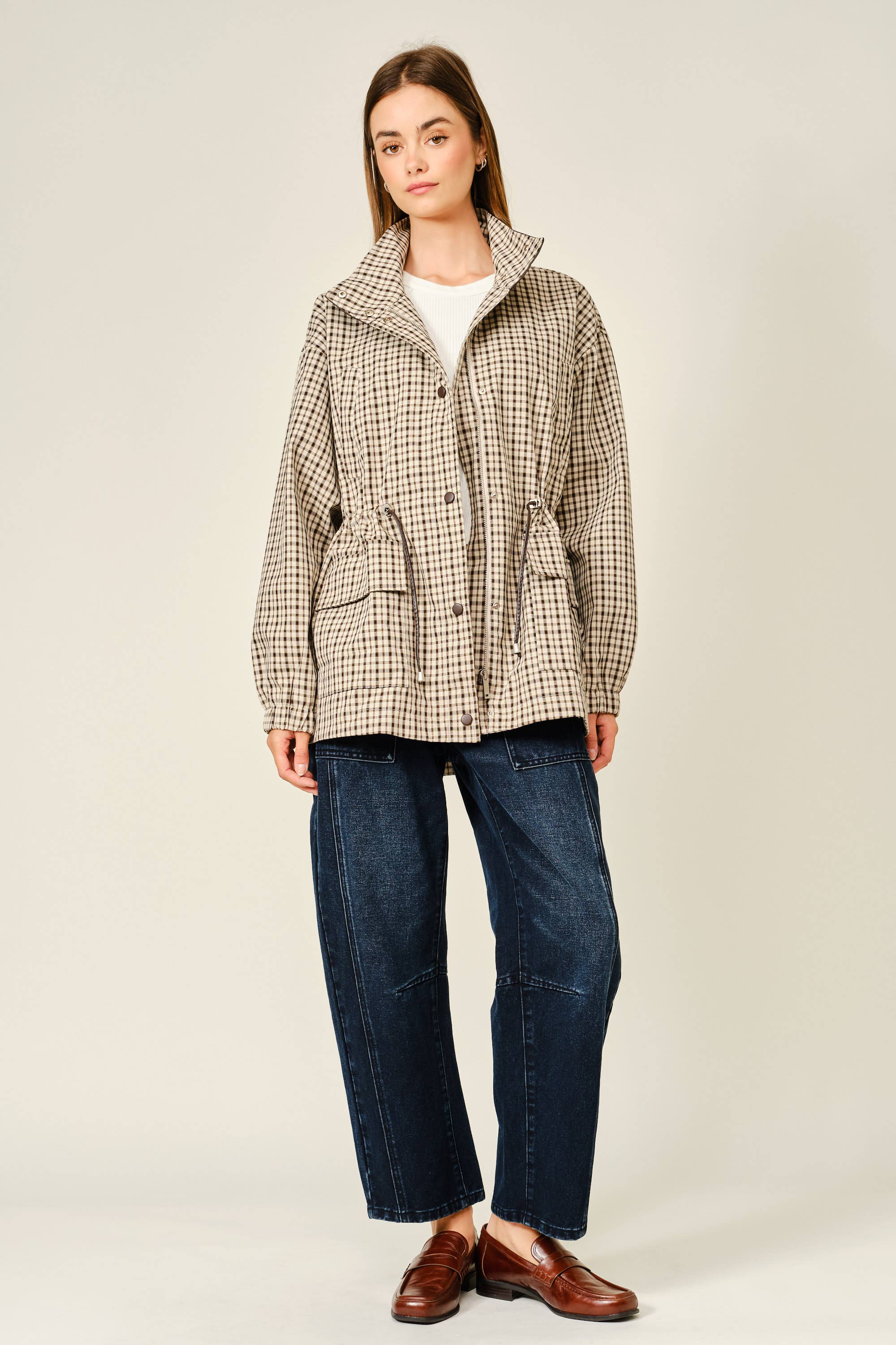 The Rainn Plaid Faux Leather Mock Neck Jacket