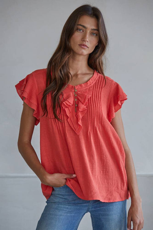Annabelle Woven Button V-Neck SS Top
