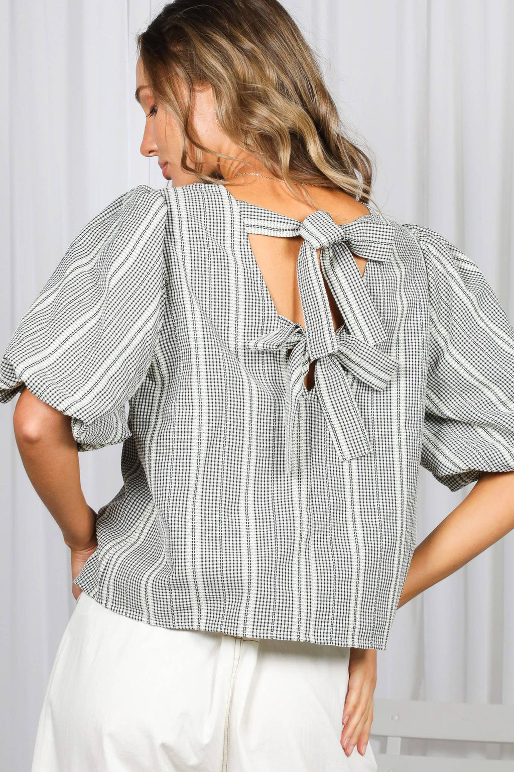 The Josie 2 Bow Accent Plaid Top