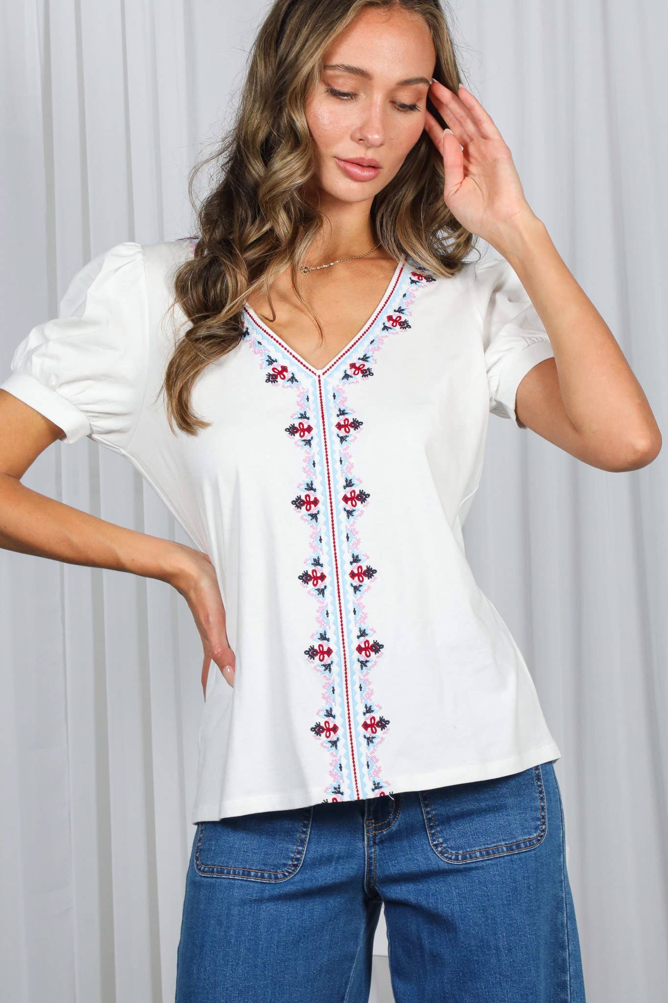 The Catalina Embroidered Puff Sleeve Top