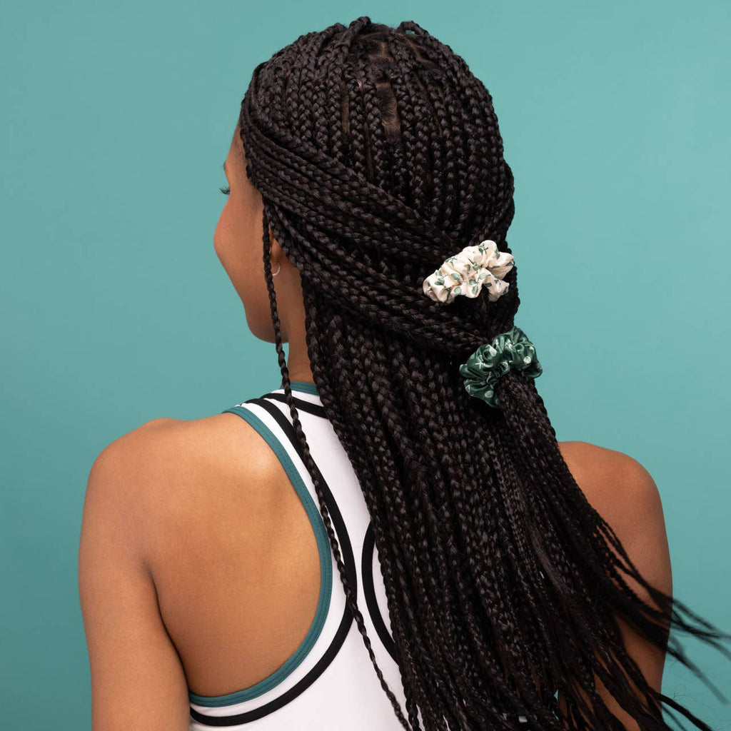 Ruched Satin Scrunchies 5pc Set - Cream, Court Green & Navy Blue