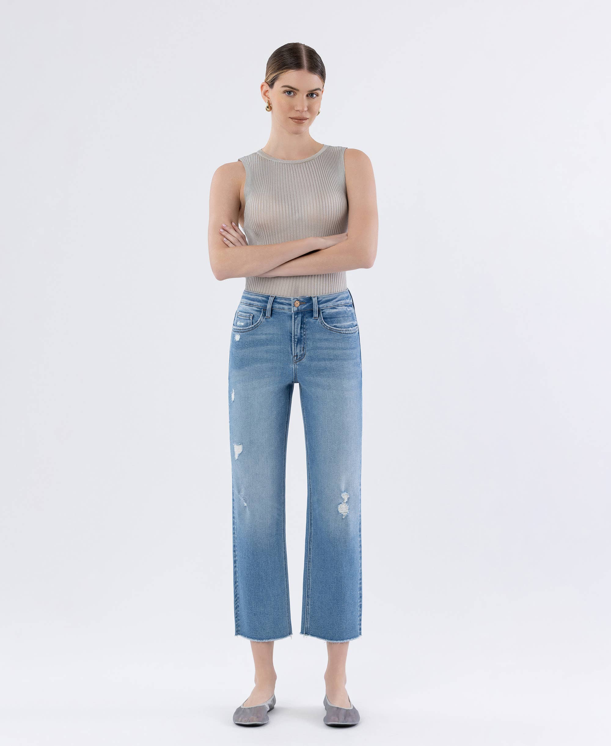 Softy High Rise Raw Hem Crop Straight Jeans