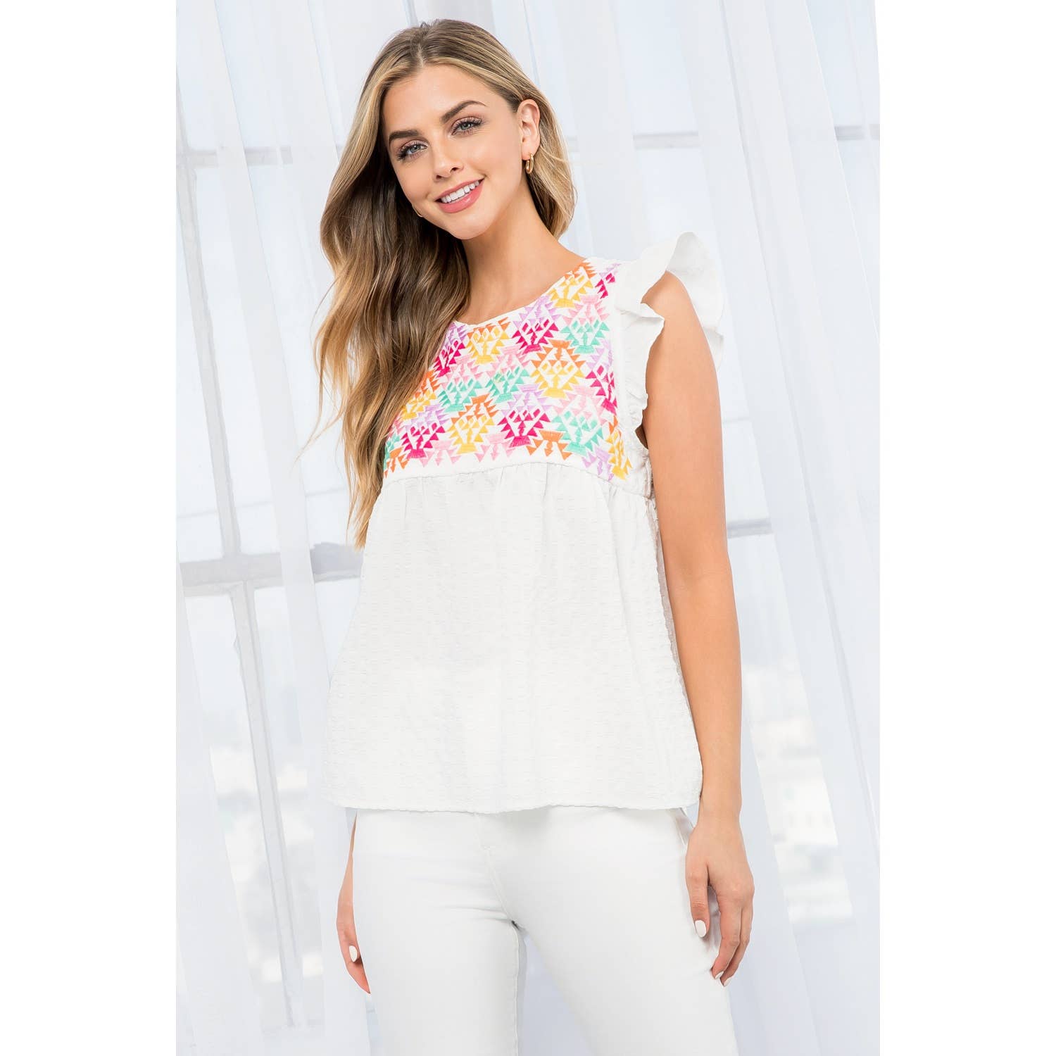 The Leah Embroidered Textured Top with Ruffles