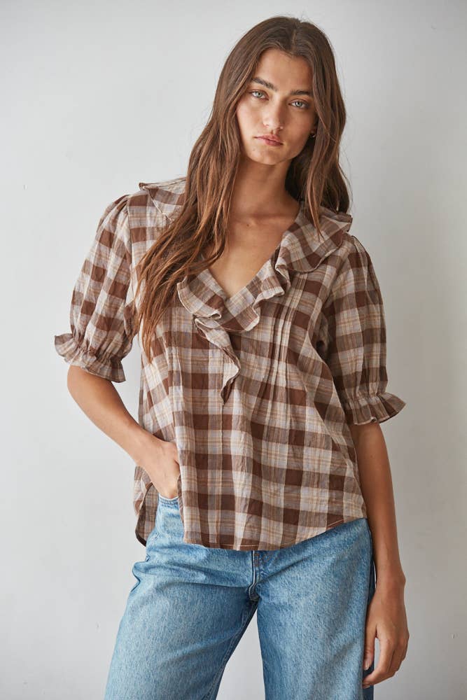 The Yara Printed Ruffle V-Neck Top