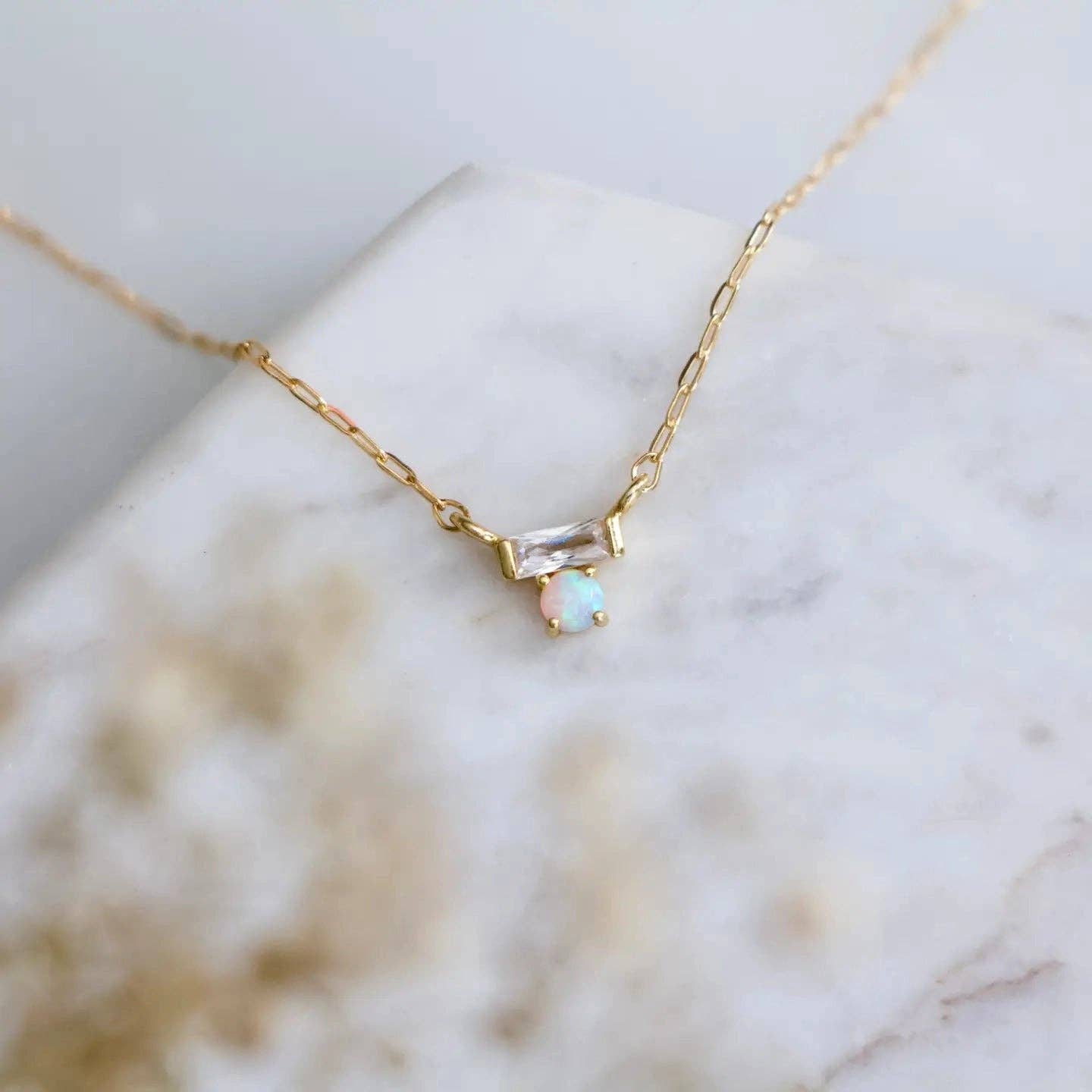 Mini Opal CZ Bar Necklace - Gold Filled
