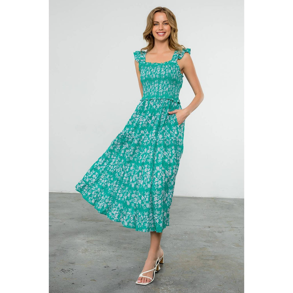 The Jasmine Green Floral Smocked Maxi Dress