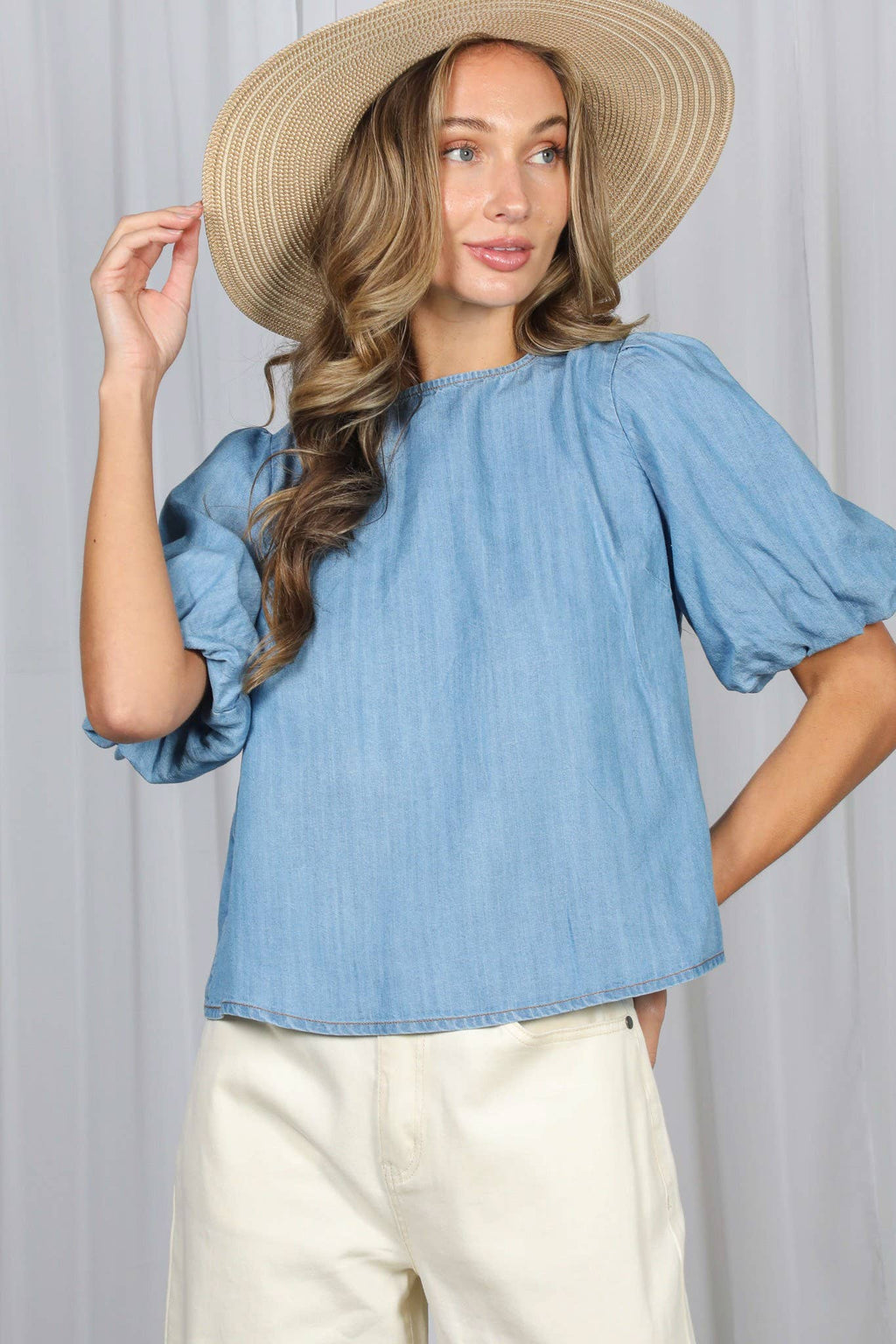 The Jess Bow Back Accent Chambray Top