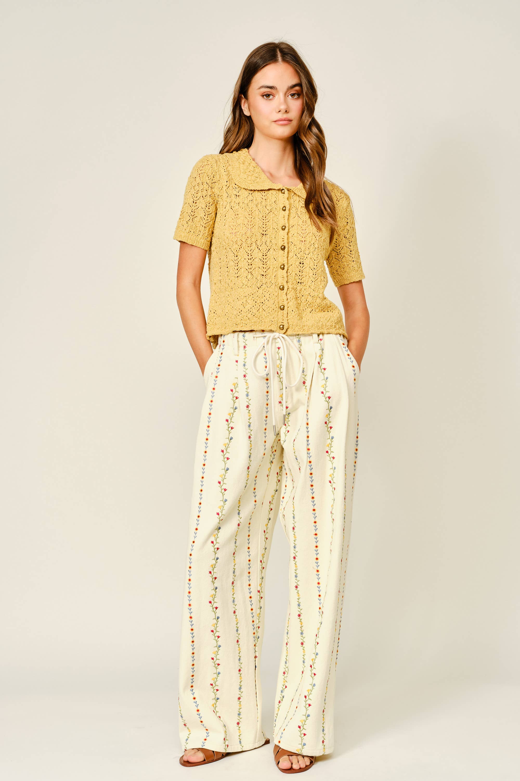 The Kehlani Flower Embroidered Wide Leg Pants