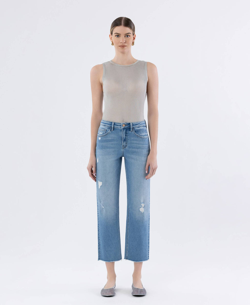Softy High Rise Raw Hem Crop Straight Jeans