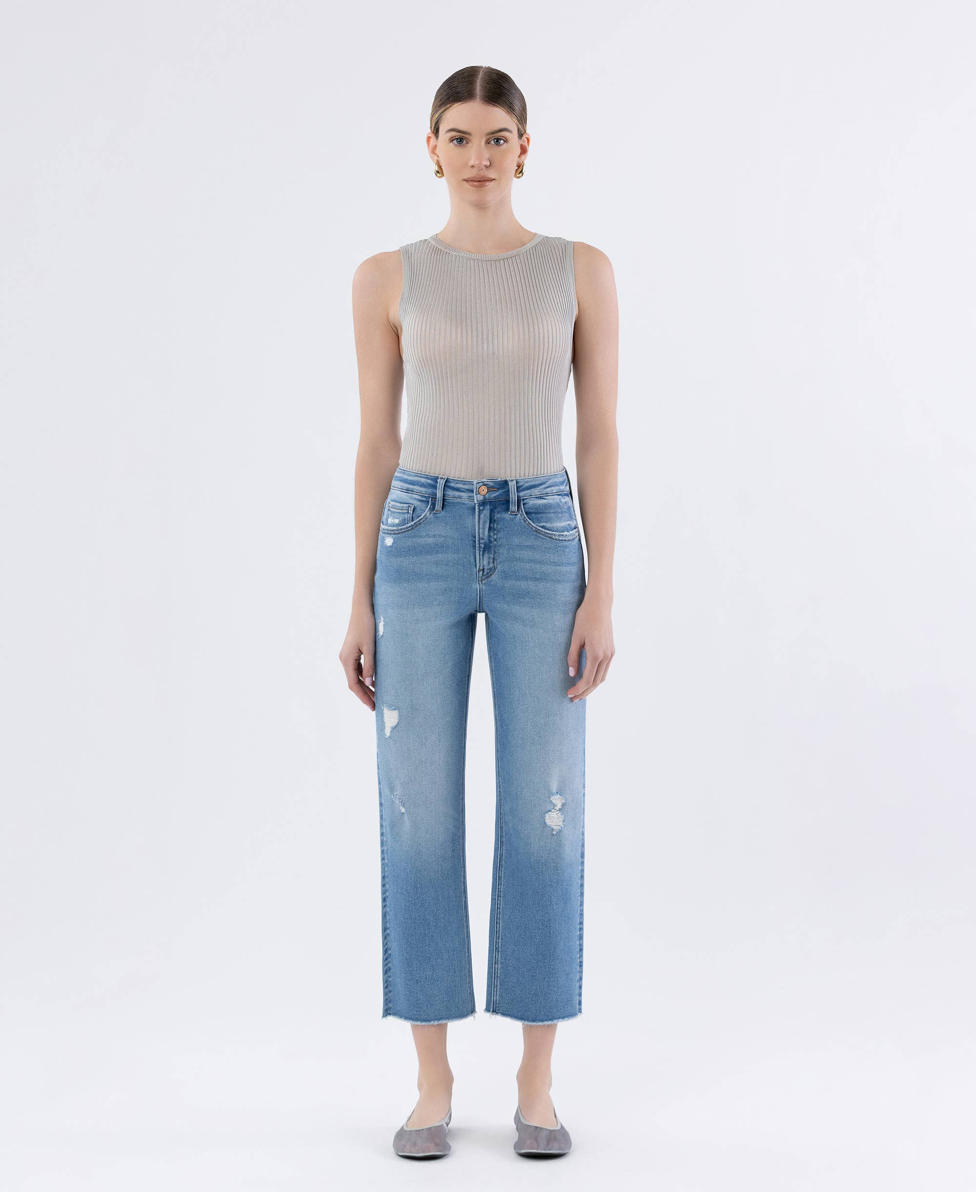Softy High Rise Raw Hem Crop Straight Jeans