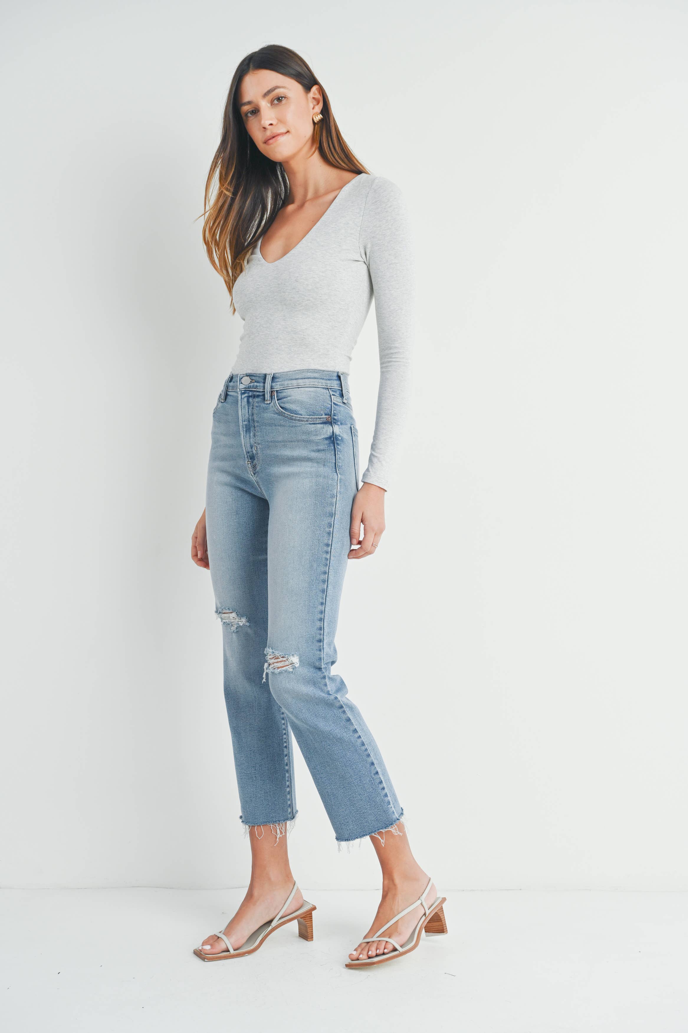 The Maeve Distressed Slim Straight Denim