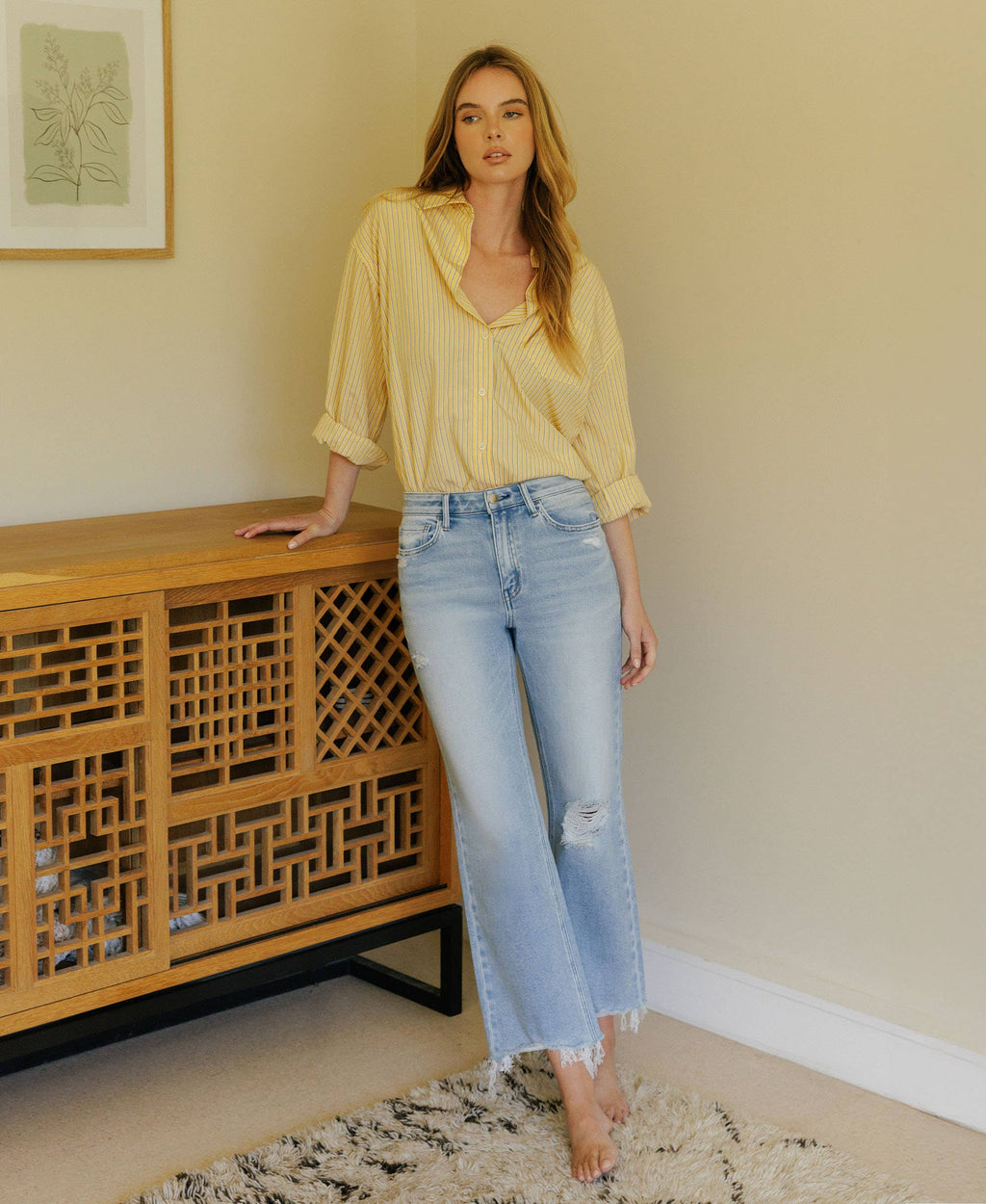 Ezra High Rise Distressed Slim Wide Jeans