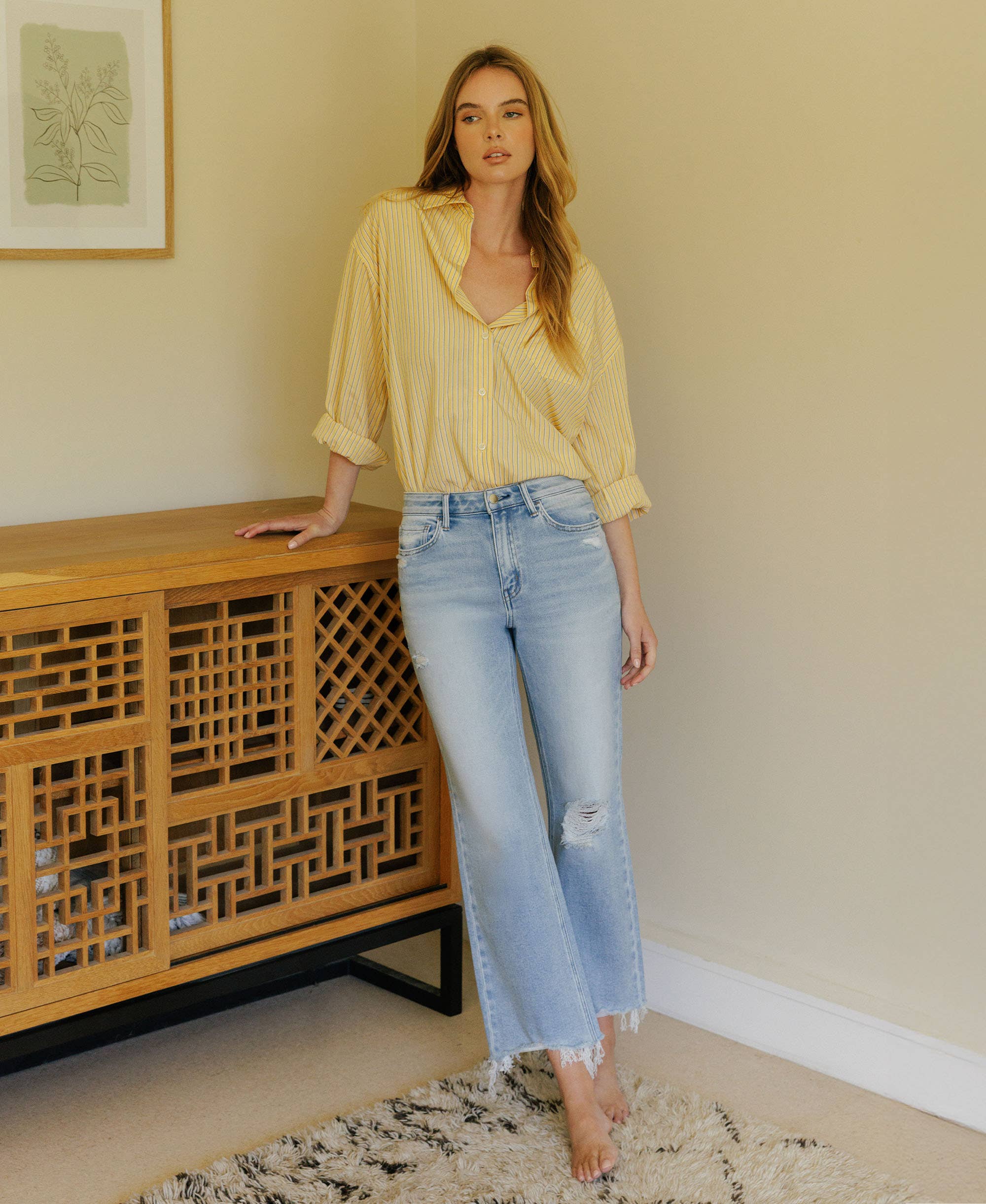 Ezra High Rise Distressed Slim Wide Jeans