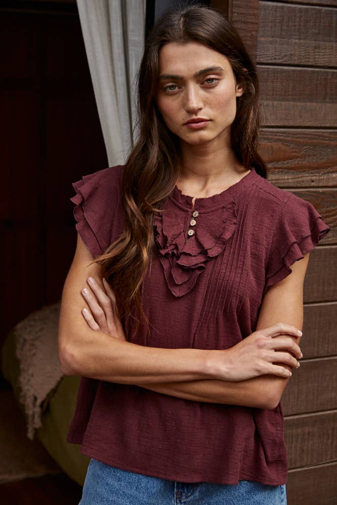 Annabelle Woven Button V-Neck SS Top