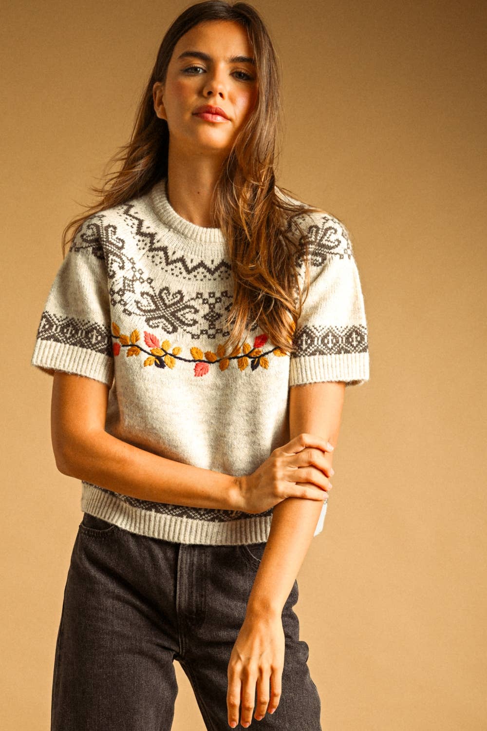 The Sierra Leaf Embroidered Short Sleeve Sweater
