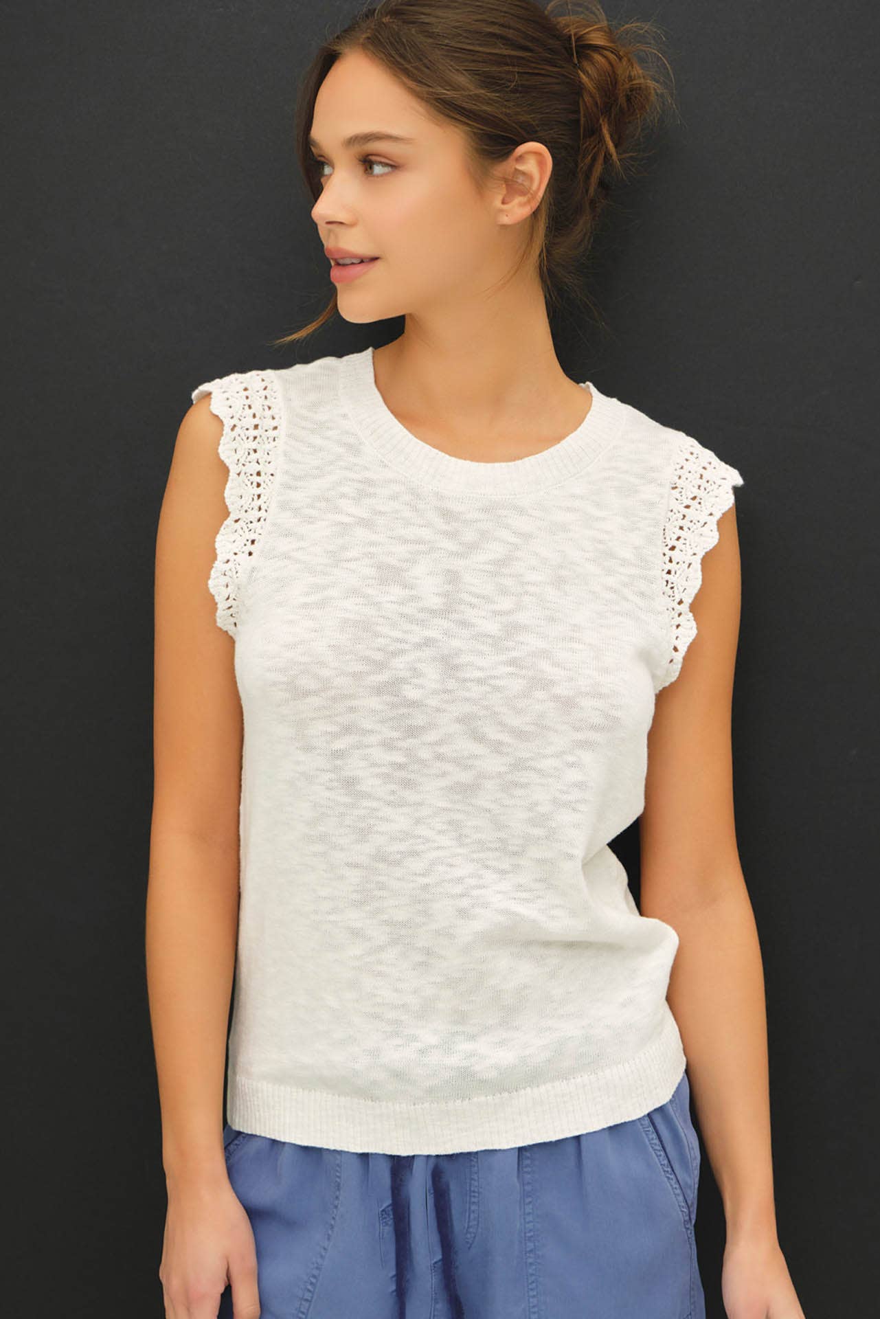 The Allie Crochet Ruffle Cap Sleeve Top