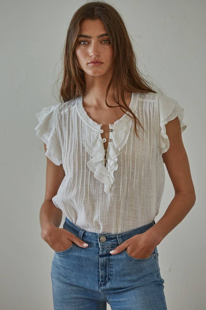 Annabelle Woven Button V-Neck SS Top